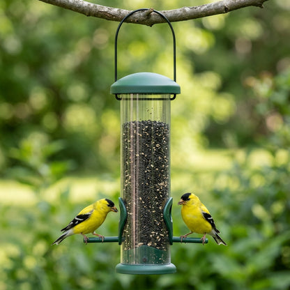 Two yellow American Goldfinches perched on the side pegs of the forest-green 2-port hanging tube finch feeder in a sunny garden