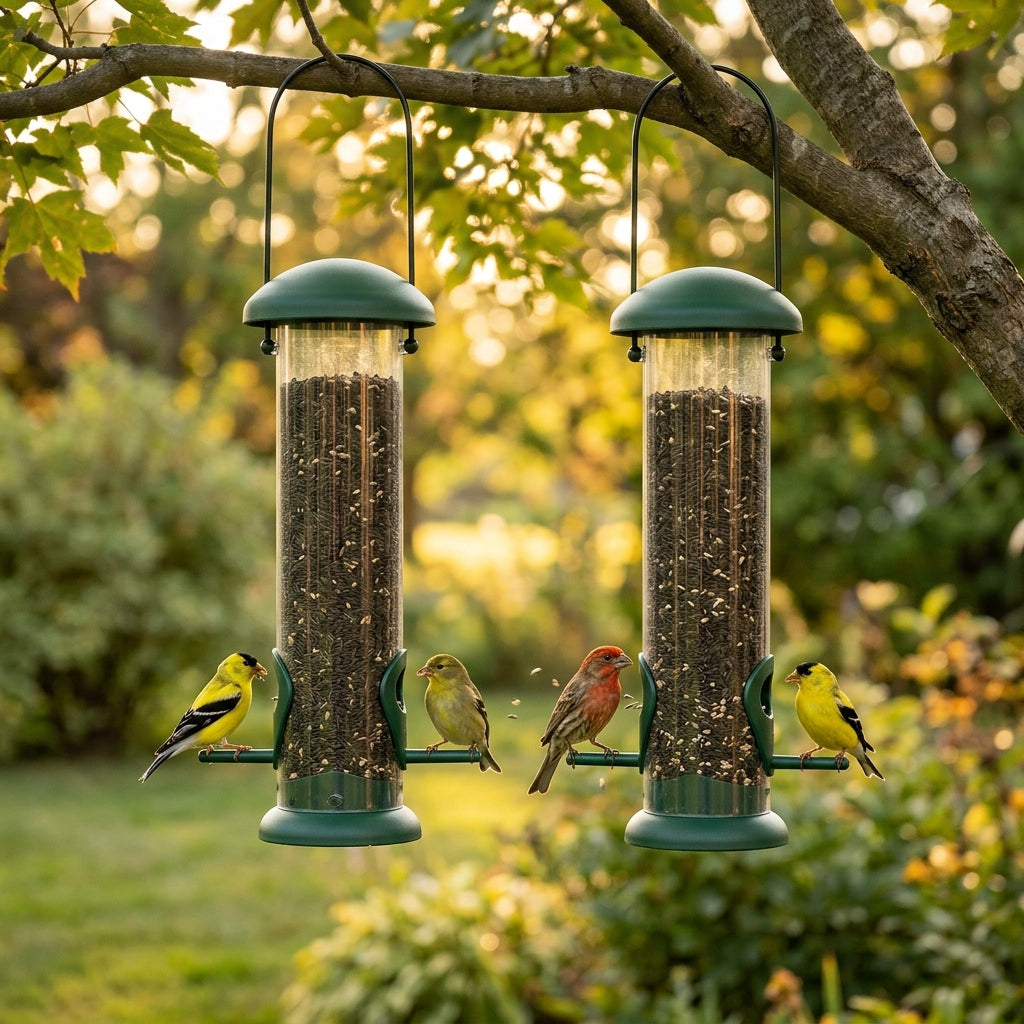 Set of 2 forest-green hanging tube finch bird feeders suspended side by side from an oak tree branch at sunset