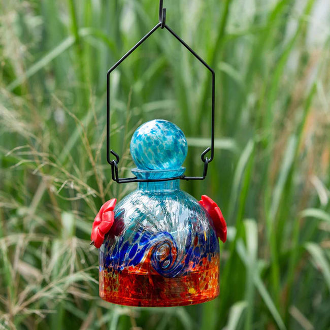 Solar LunaLite Bell Hummingbird Feeder, Aqua/Red