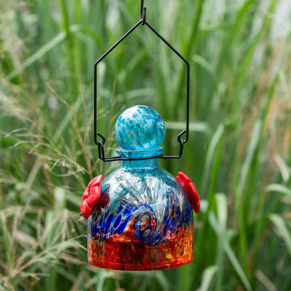 Solar LunaLite Bell Hummingbird Feeder, Aqua/Red