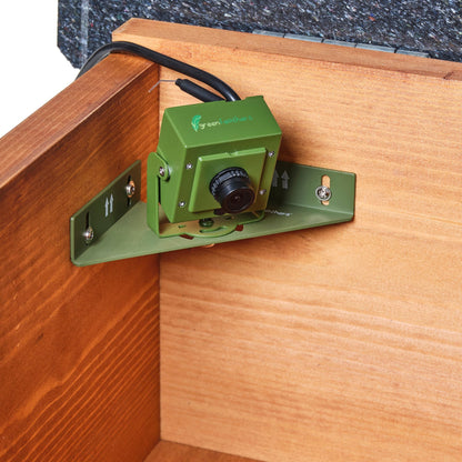 Green security camera mounted on a wooden surface with a visible brand logo.