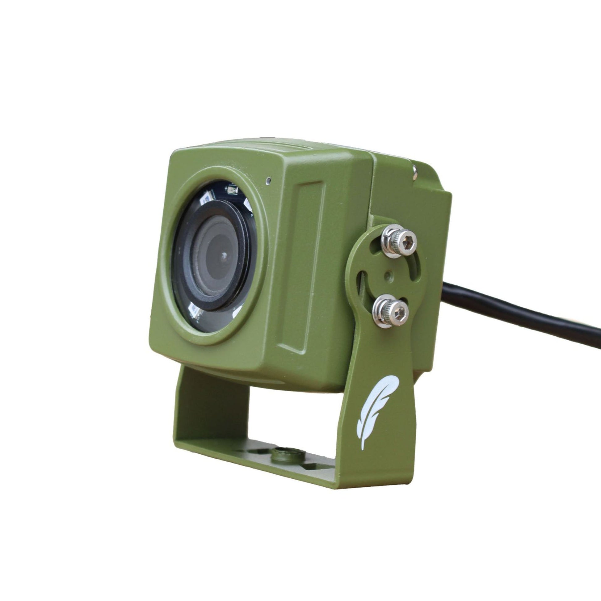Green camera module with a cable on a white background