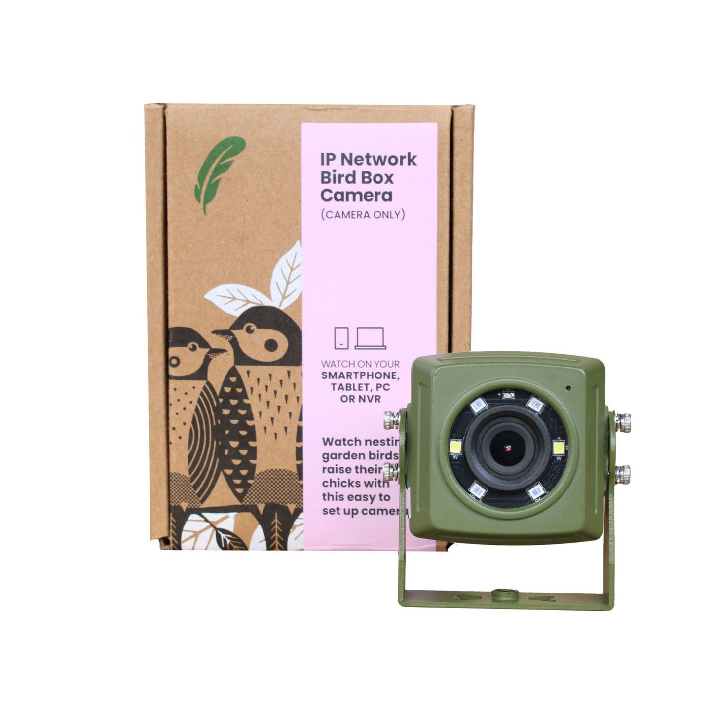 Green bird box camera with packaging on a white background