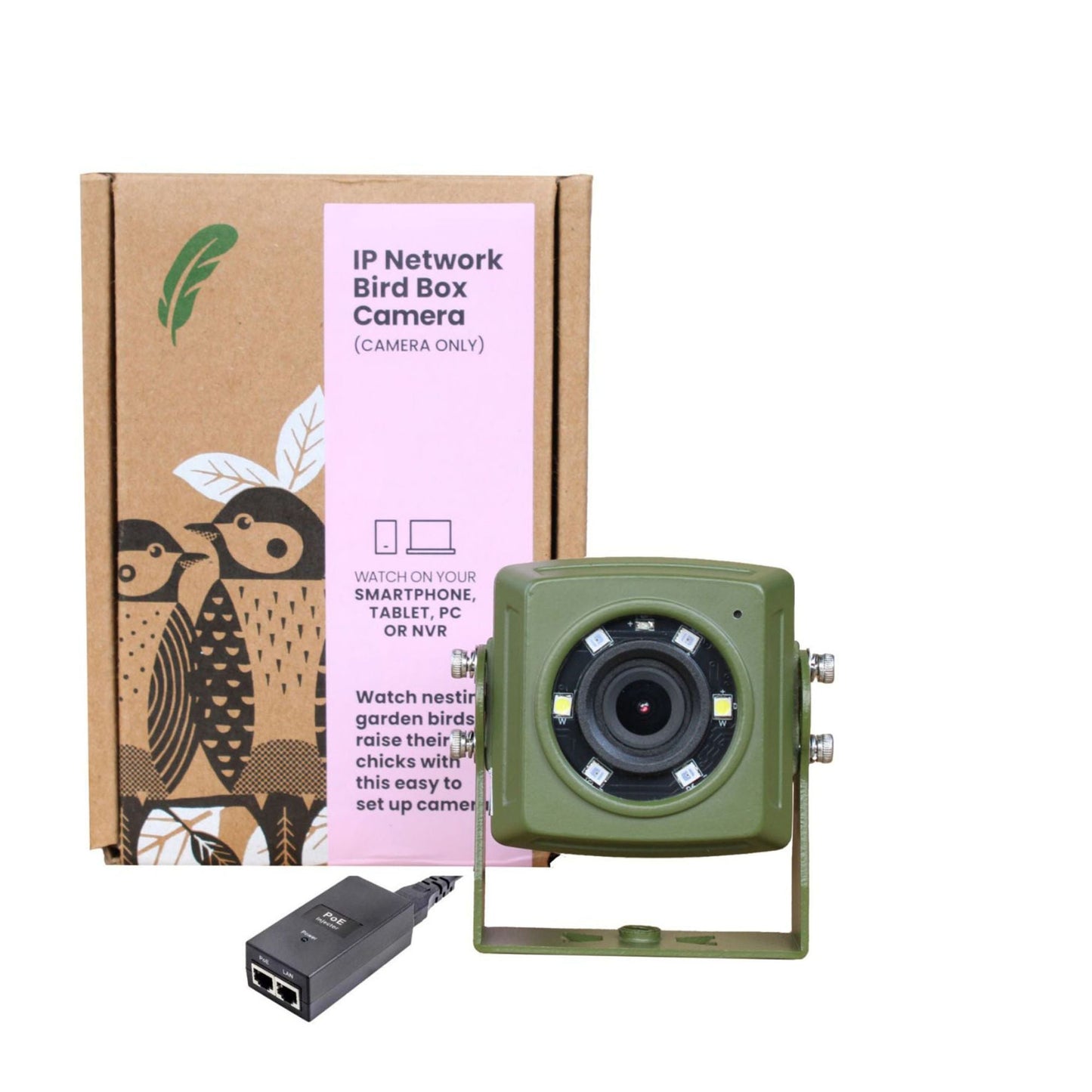 IP Network Bird Box Camera with packaging on a white background