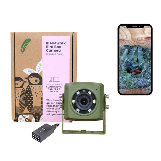 IP Network Bird Box Camera with packaging, power adapter, and smartphone displaying camera feed.