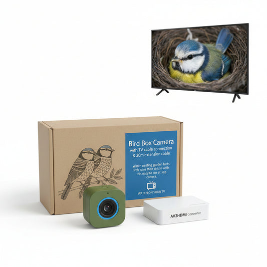 Bird box camera set with monitor, camera, and packaging on a white background