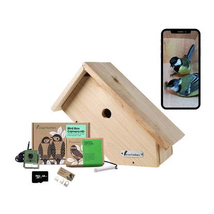 Wooden birdhouse with a smartphone displaying birds, Green Feather brand packaging, and accessories on a white background.