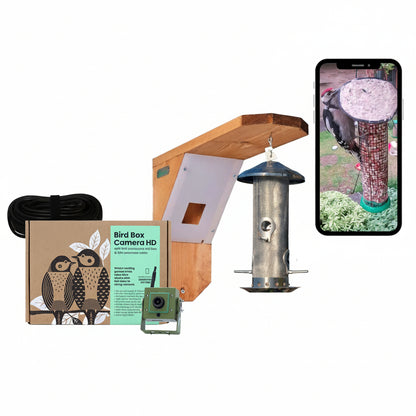 Bird feeder, camera, and packaging with smartphone display on a white background