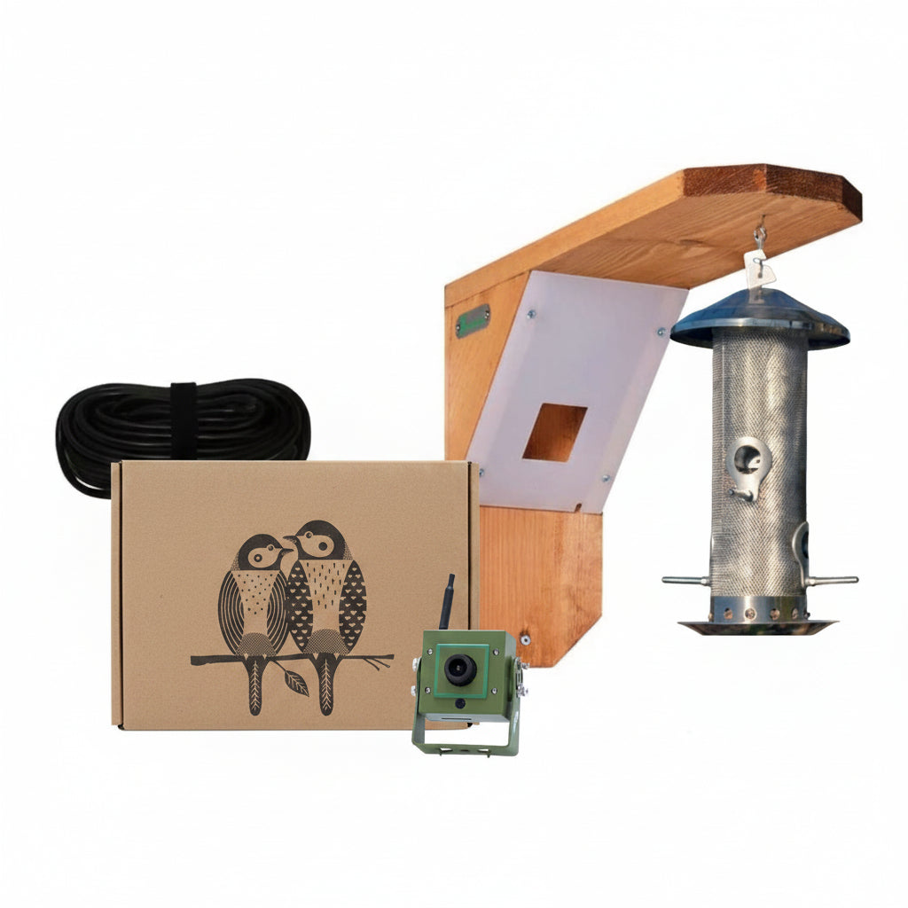 Bird box camera HD kit with bird feeder and packaging on a white background