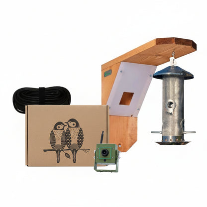 Bird box camera HD kit with bird feeder and packaging on a white background