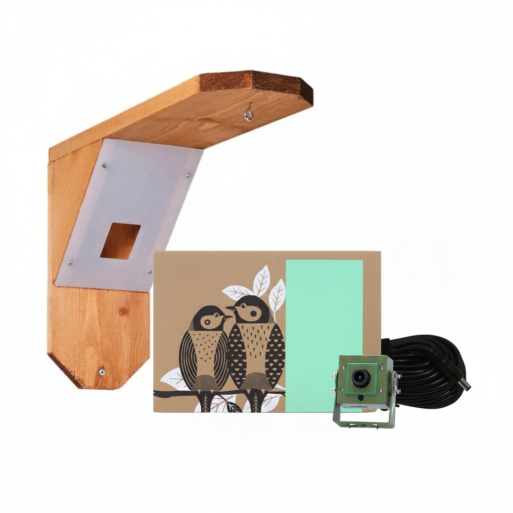 Wooden bird box, Green Feathers Bird Box Camera HD packaging, and camera on a white background