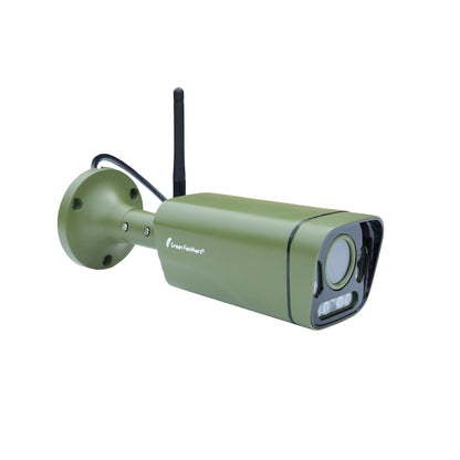 Green security camera with wireless antenna on a white background