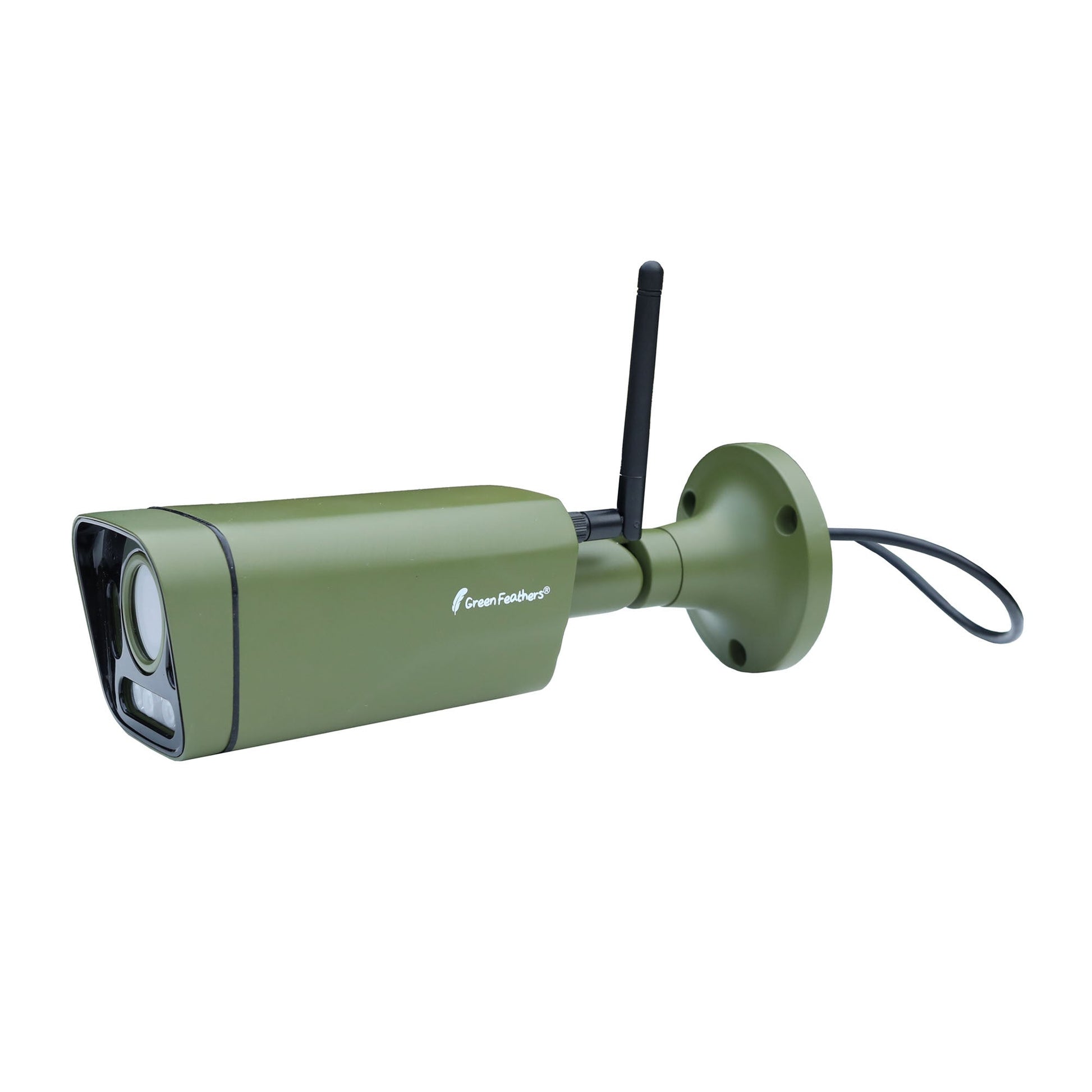 Green security camera with antenna on a white background