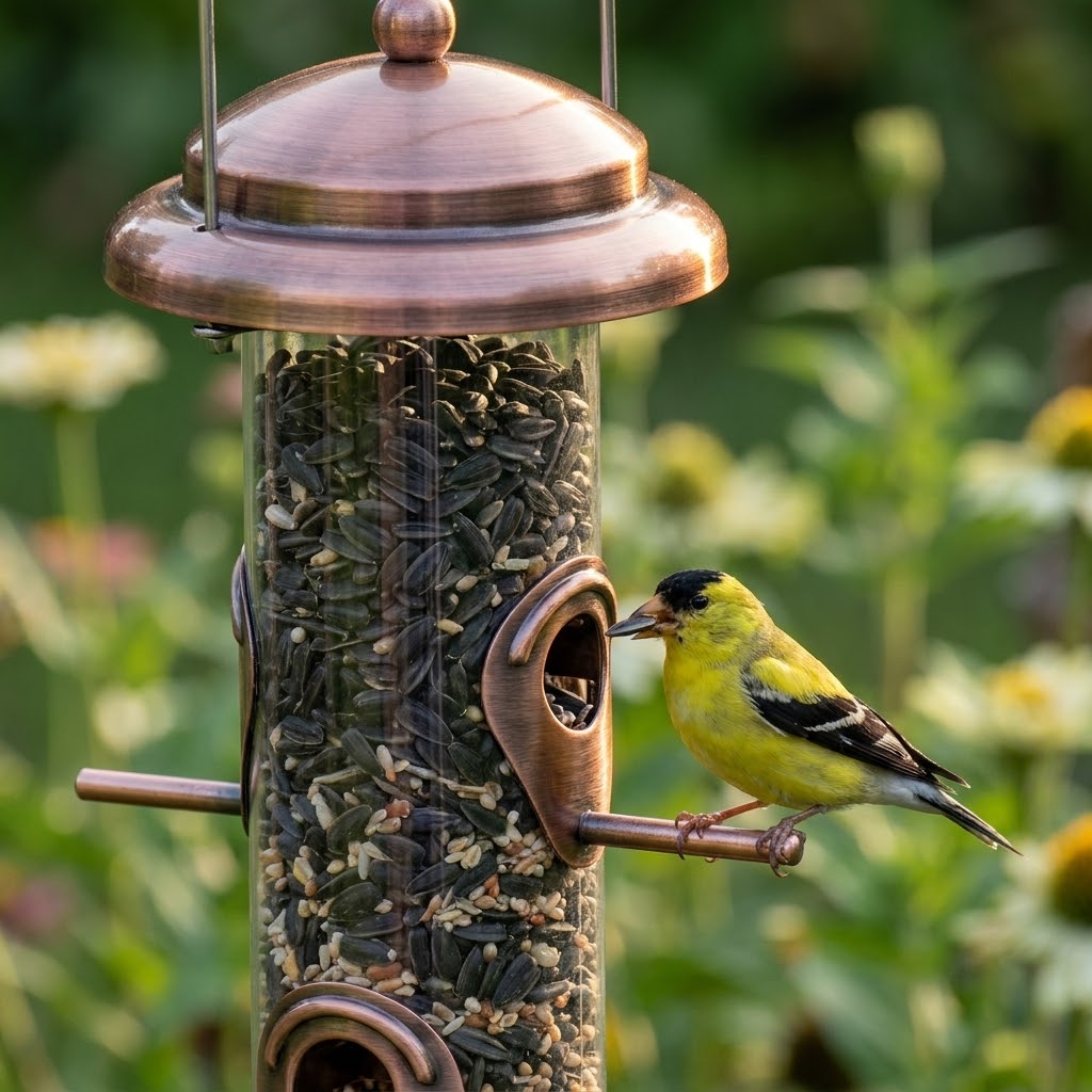 Macro close-up of Antique Red Bronze metal domed lid and metal feeding port with a perching American Goldfinch