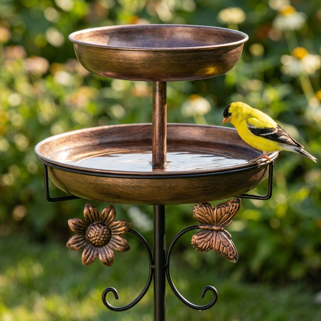 Close-up of brushed Antique Bronze bowls and sculpted flower and butterfly scroll brackets with an American Goldfinch