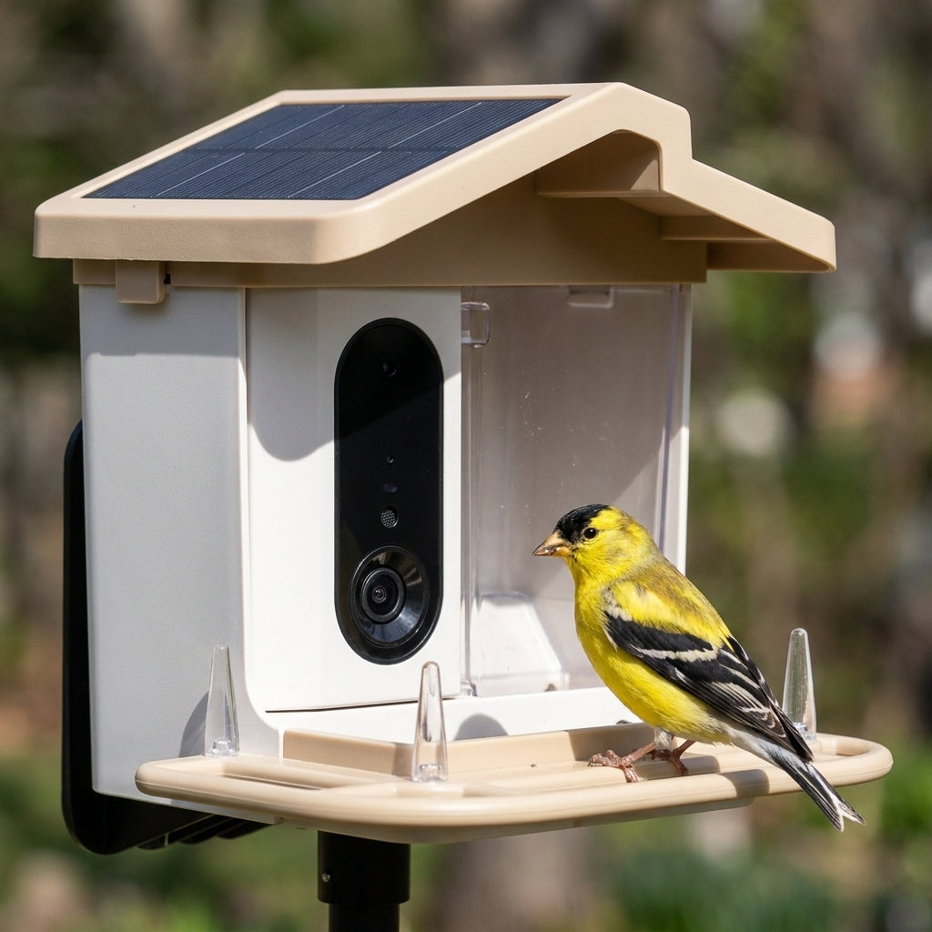 Close-up of Sand Beige Solar Smart Bird Feeder showing flush roof solar panel, AI camera, and 1.5L hopper, with an American Goldfinch on the perch