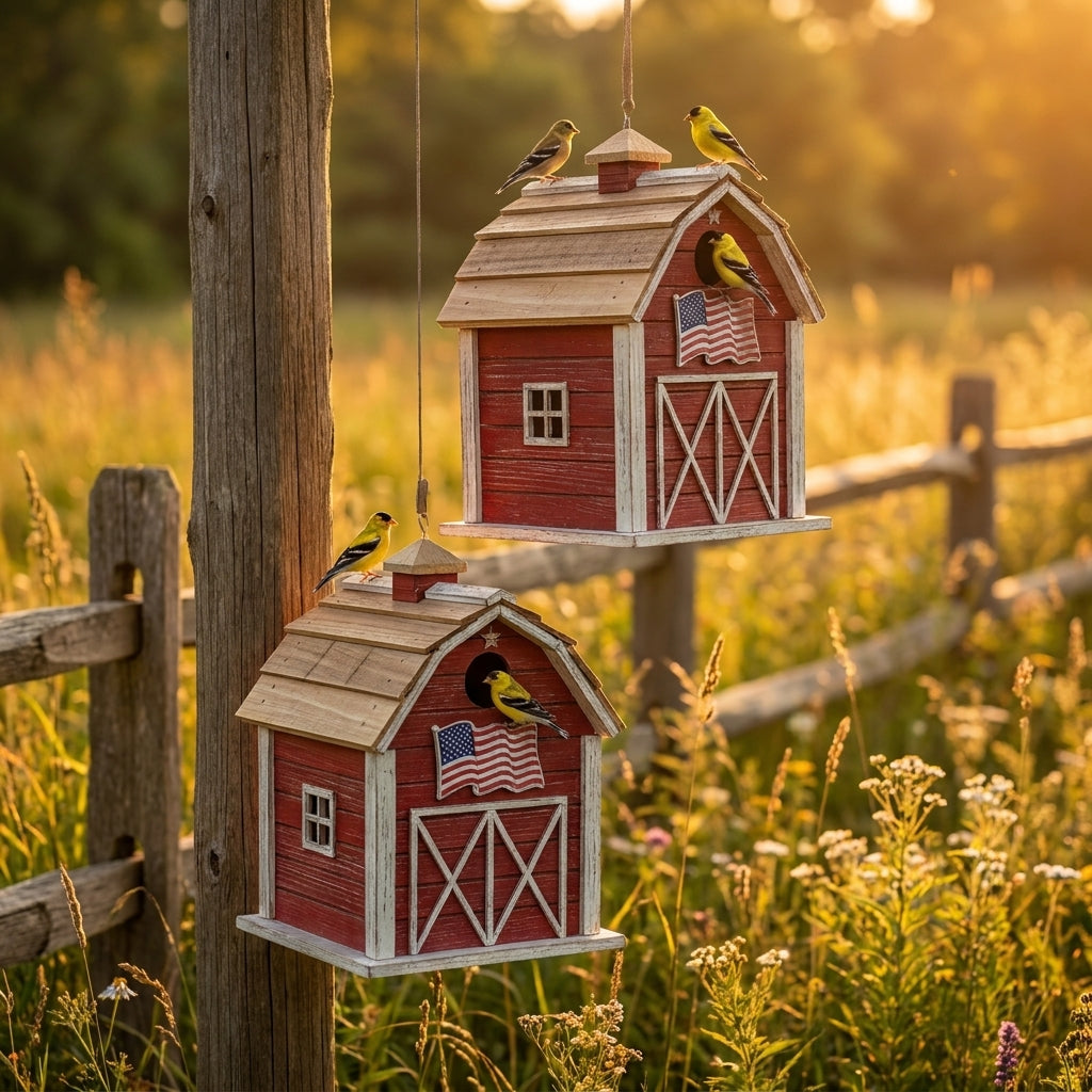 2-Pack of Handcrafted Old Glory Red Barn Wooden Birdhouses hanging by a country fence at golden hour