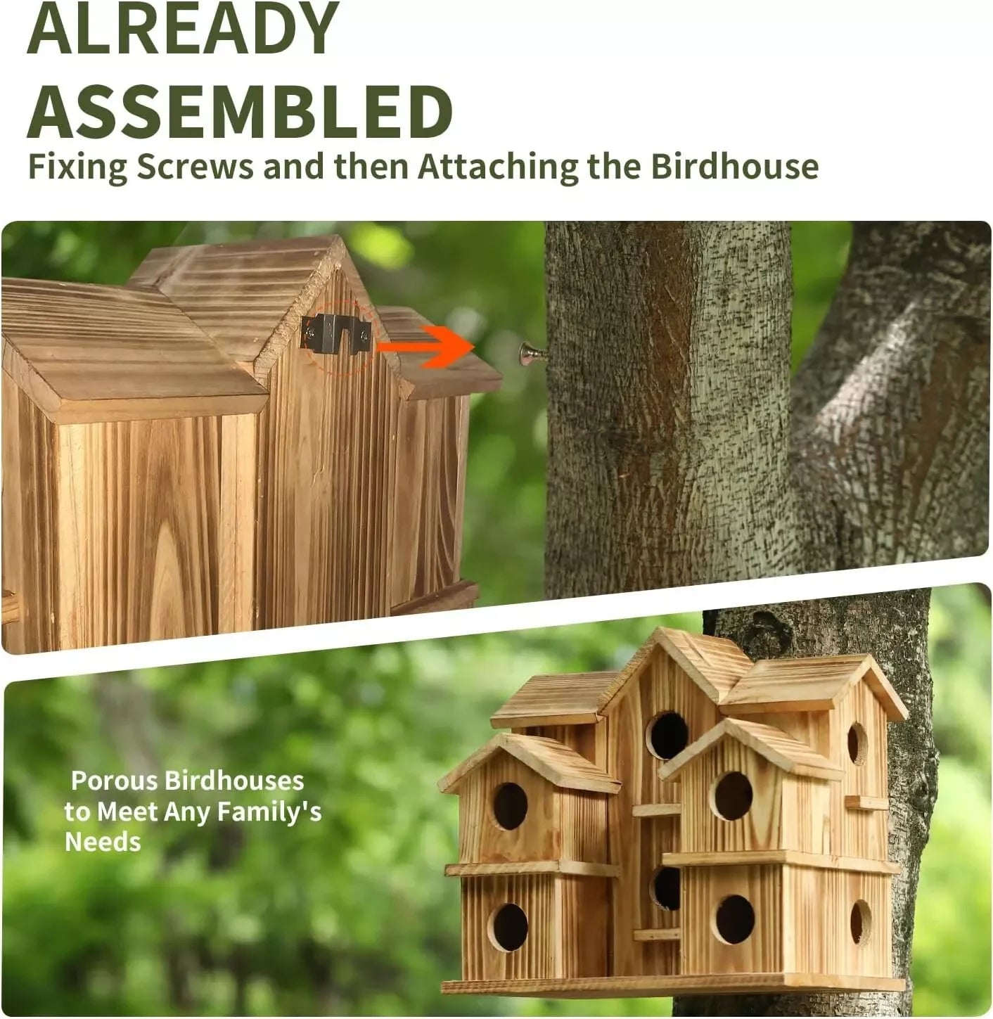 The birdhouse arrives assembled and mounts to a tree or wall with screws through the back panel