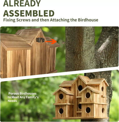 The birdhouse arrives assembled and mounts to a tree or wall with screws through the back panel