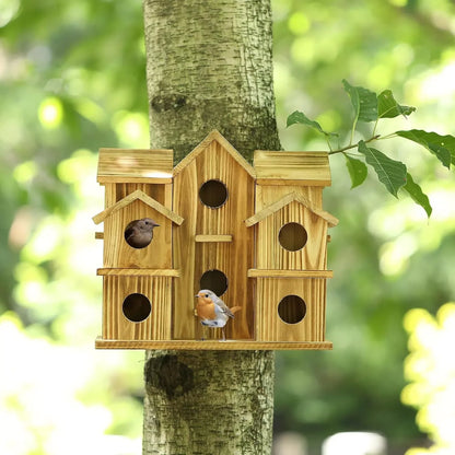 Close view of the natural unpainted grain and pitched roof sections of the wooden birdhouse