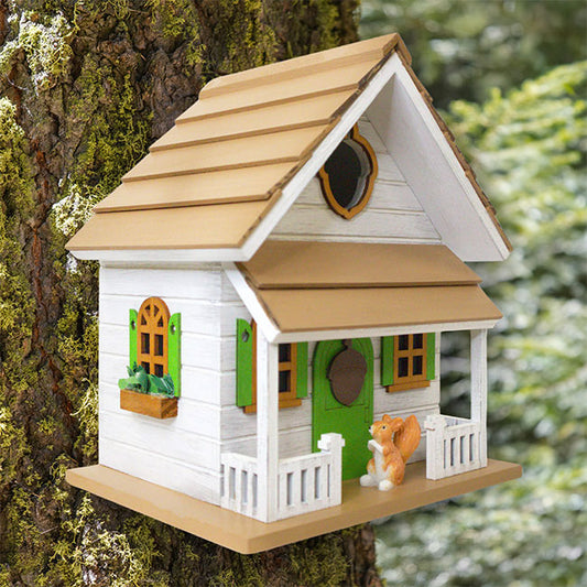 Squirrel Cottage Bird House, Weathered White - BIRDLOVER