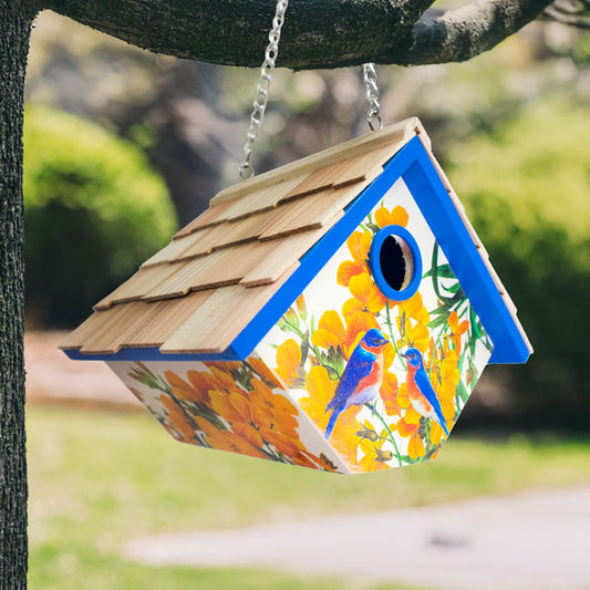 Hanging Wren House, Bluebirds with Camellia Print - BIRDLOVER