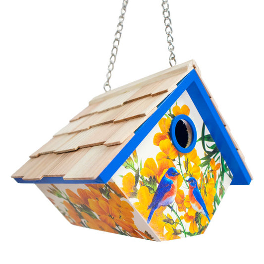 Hanging Wren House, Bluebirds with Camellia Print - BIRDLOVER