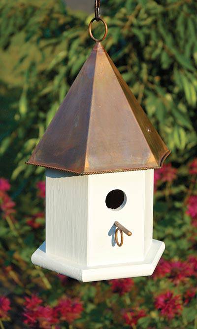 Copper Songbird Bird House, Browned Copper Roof
