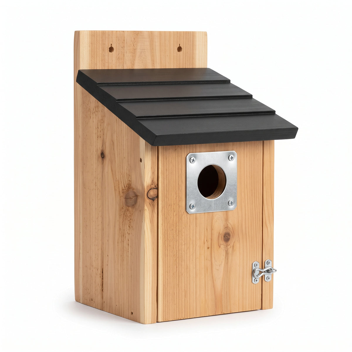 Outdoor wooden bluebird house with predator guard, ready to mount on a post, fence or tree