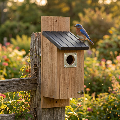 Cedar bluebird house with clean-out door, elevated mesh floor and 0.6 inch thick walls