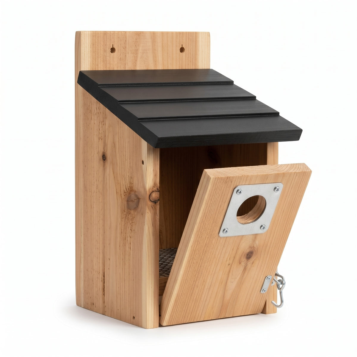 Cedar bluebird nesting box with 1.5 inch entrance hole and metal entrance guard plate
