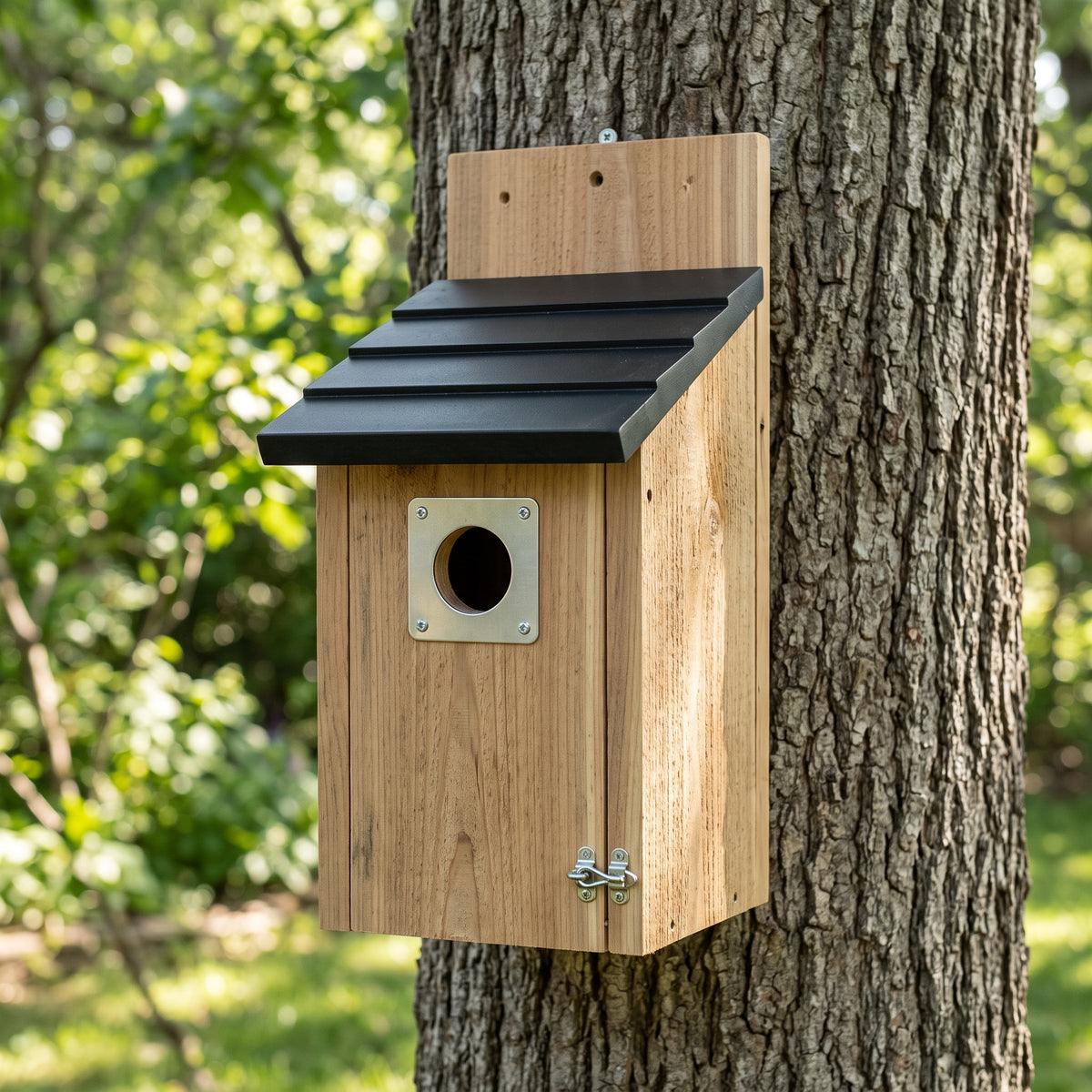 Handcrafted cedar bluebird house with stainless steel predator guard and slanted black roof