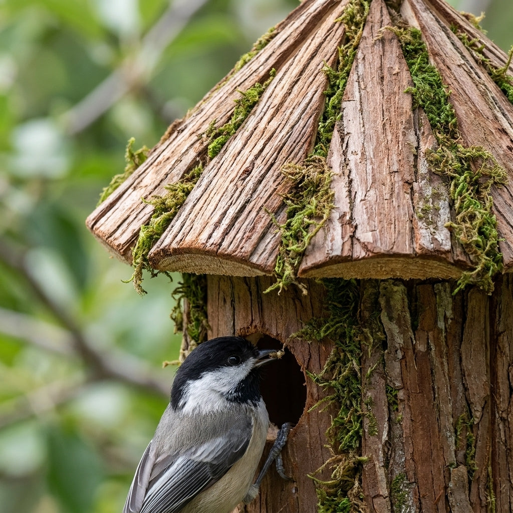 Close-up of Black-Capped Chickadee at the entrance hole of the rustic split-bark shingle and forest moss hanging birdhouse