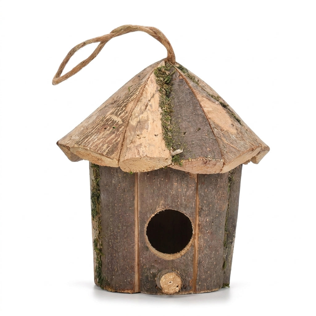 Handcrafted Rustic Bark and Moss Hanging Wren Birdhouse 6.3 inch natural wooden nest box on pure white background - BIRDLOVER