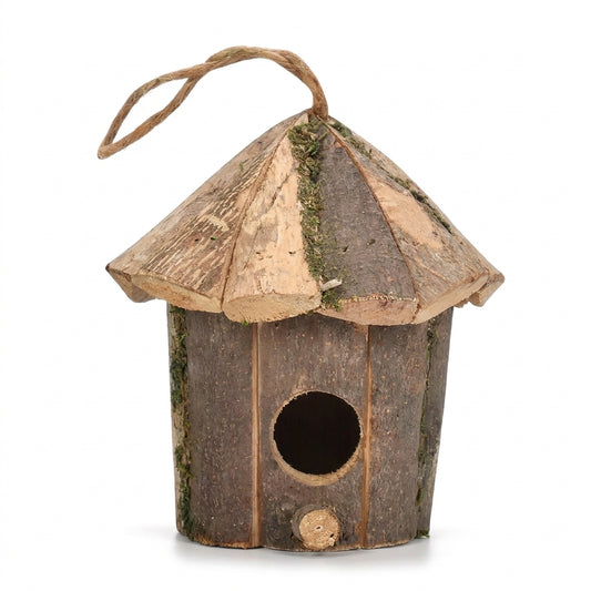 Handcrafted Rustic Bark and Moss Hanging Wren Birdhouse 6.3 inch natural wooden nest box on pure white background - BIRDLOVER