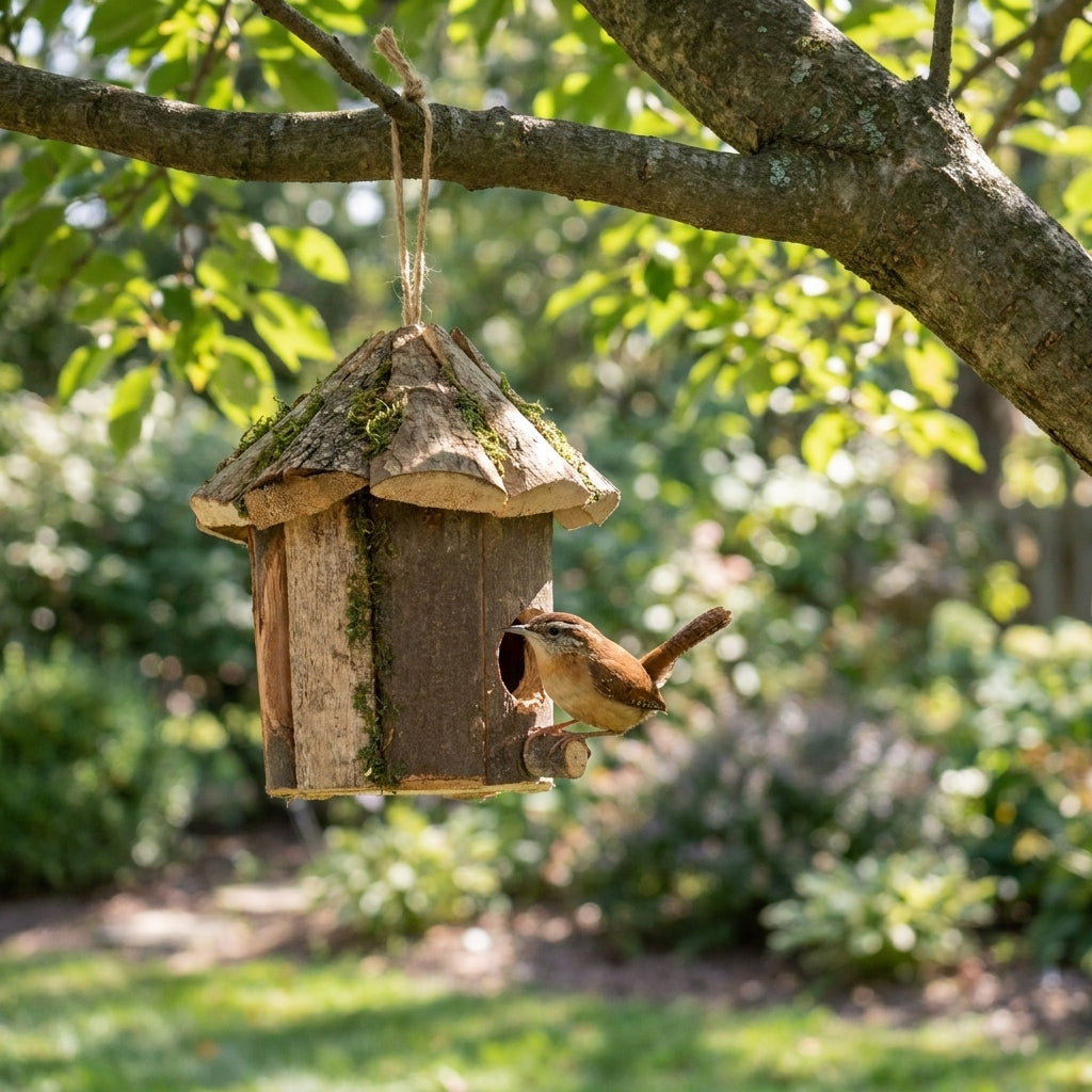 Carolina Wren perched on the natural twig perch of the Handcrafted Rustic Bark and Moss Hanging Birdhouse in a woodland garden