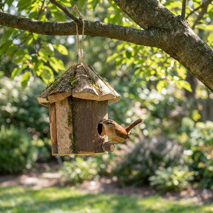 Carolina Wren perched on the natural twig perch of the Handcrafted Rustic Bark and Moss Hanging Birdhouse in a woodland garden