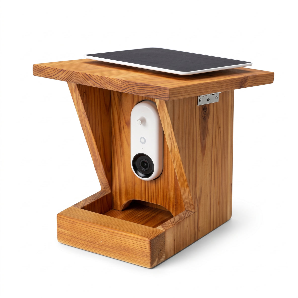 Handcrafted Solar Cedar Bird Feeder Housing compatible with Bird Buddy smart camera on pure white background - BIRDLOVER