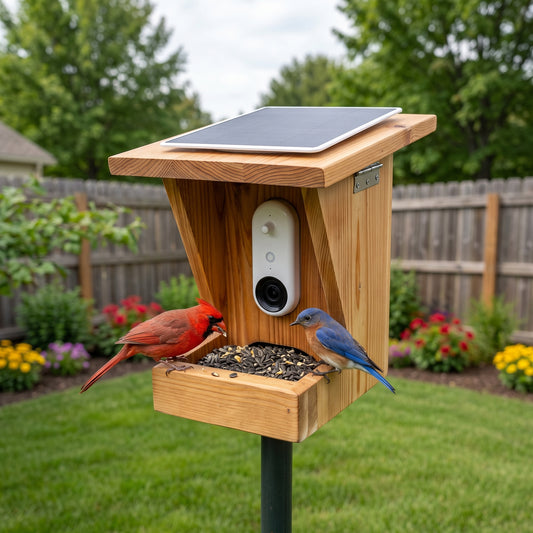Male Northern Cardinal and Eastern Bluebird feeding on pole-mounted Handcrafted Solar Cedar Bird Feeder in backyard garden