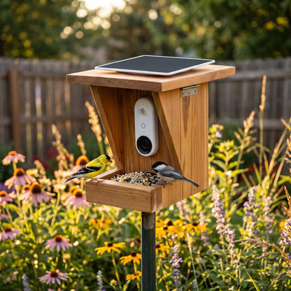 American Goldfinch and Black-Capped Chickadee perched on Solar Cedar Bird Feeder during golden hour sunset