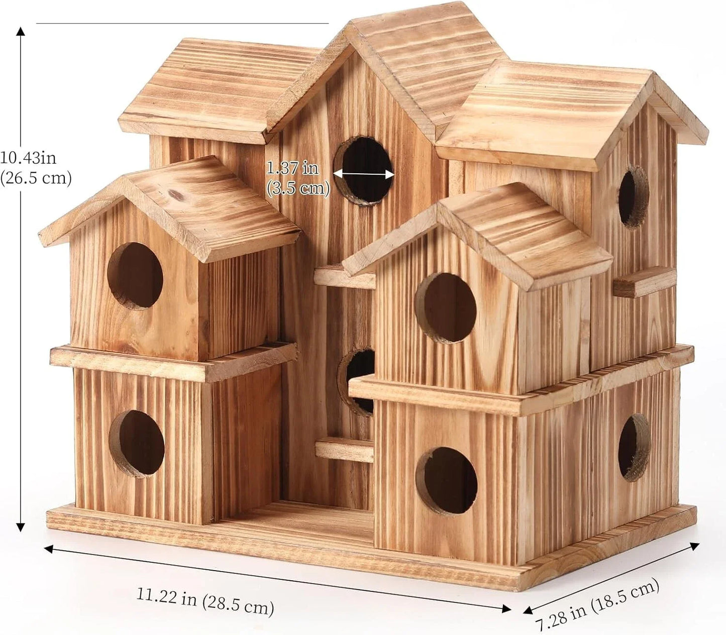 Dimension diagram of the wooden birdhouse: 11.22 in wide, 7.28 in deep, 10.43 in tall, with 1.37 in entrance holes