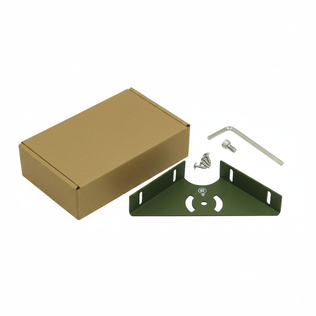 GreenFeathers product packaging with a green metal bracket and hardware on a white background