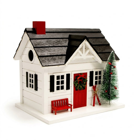 Handcrafted Holiday Ski Chalet Wooden Birdhouse with LED Lights on pure white background - BIRDLOVER