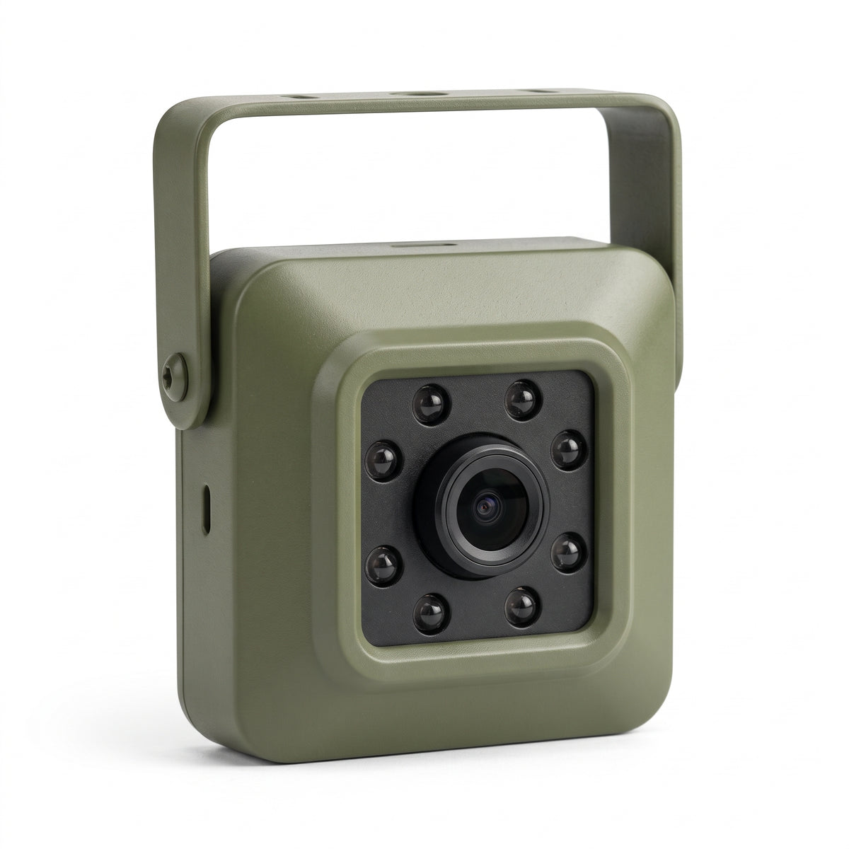 Mini 43mm WiFi bird box camera in olive green die-cast metal with 940nm night vision LEDs and mounting bracket