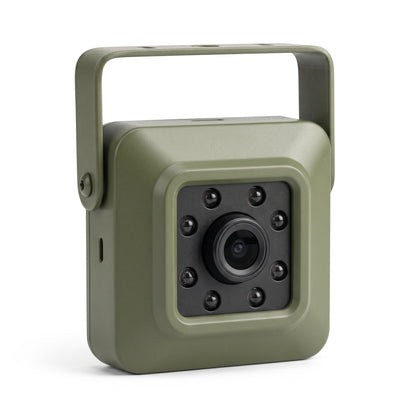 Mini 43mm WiFi bird box camera in olive green die-cast metal with 940nm night vision LEDs and mounting bracket