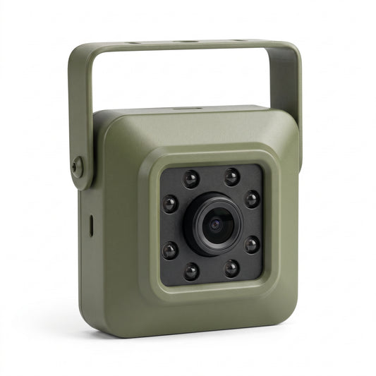 Mini 43mm WiFi bird box camera in olive green die-cast metal with 940nm night vision LEDs and mounting bracket
