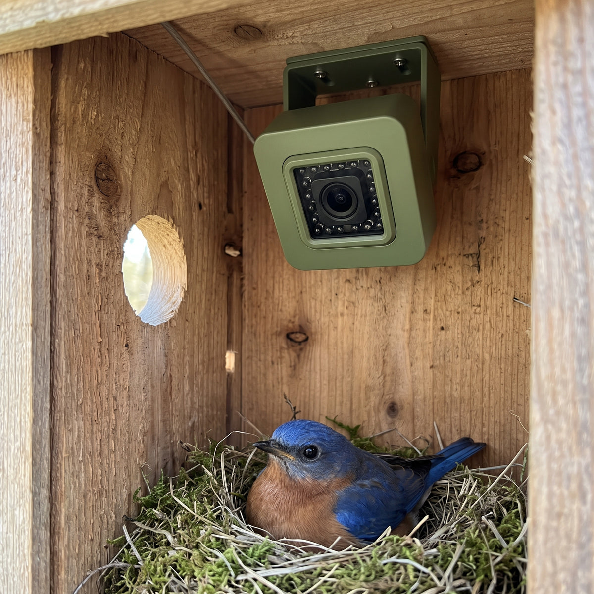 Mini 43mm WiFi bird box camera mounted inside a cedar birdhouse ceiling watching a bluebird on a moss nest