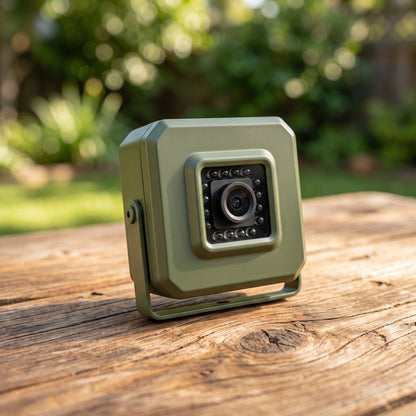 Close-up of the 43mm die-cast metal bird nest camera showing the wide-angle lens, 940nm infrared LEDs, and adjustable bracket