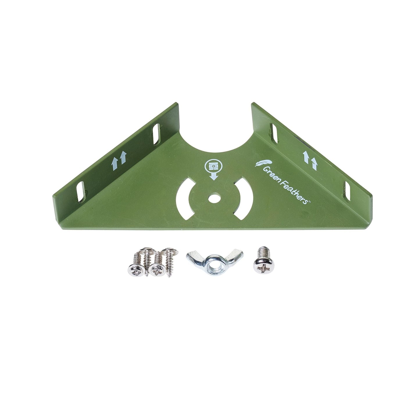 Green metal bracket with screws and a clip on a white background
