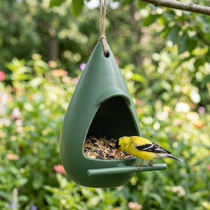 American Goldfinch eating mixed seed from the Garden Green teardrop hanging bird feeder in a sunny flower garden